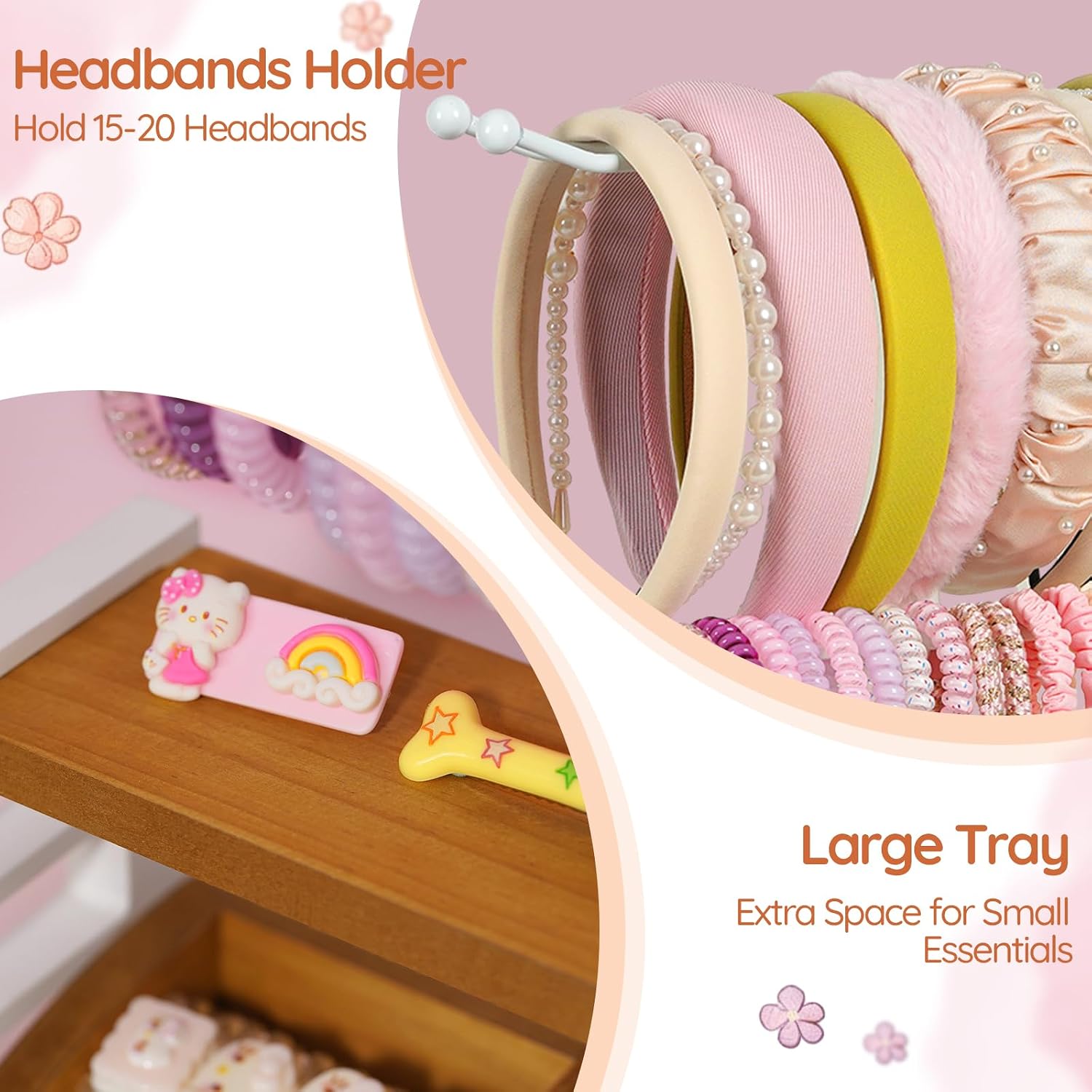 Headband Holder Stand, Hair Accessories Organizer with Dividers | Wood & Metal Tiered Storage Rack for Scrunchies