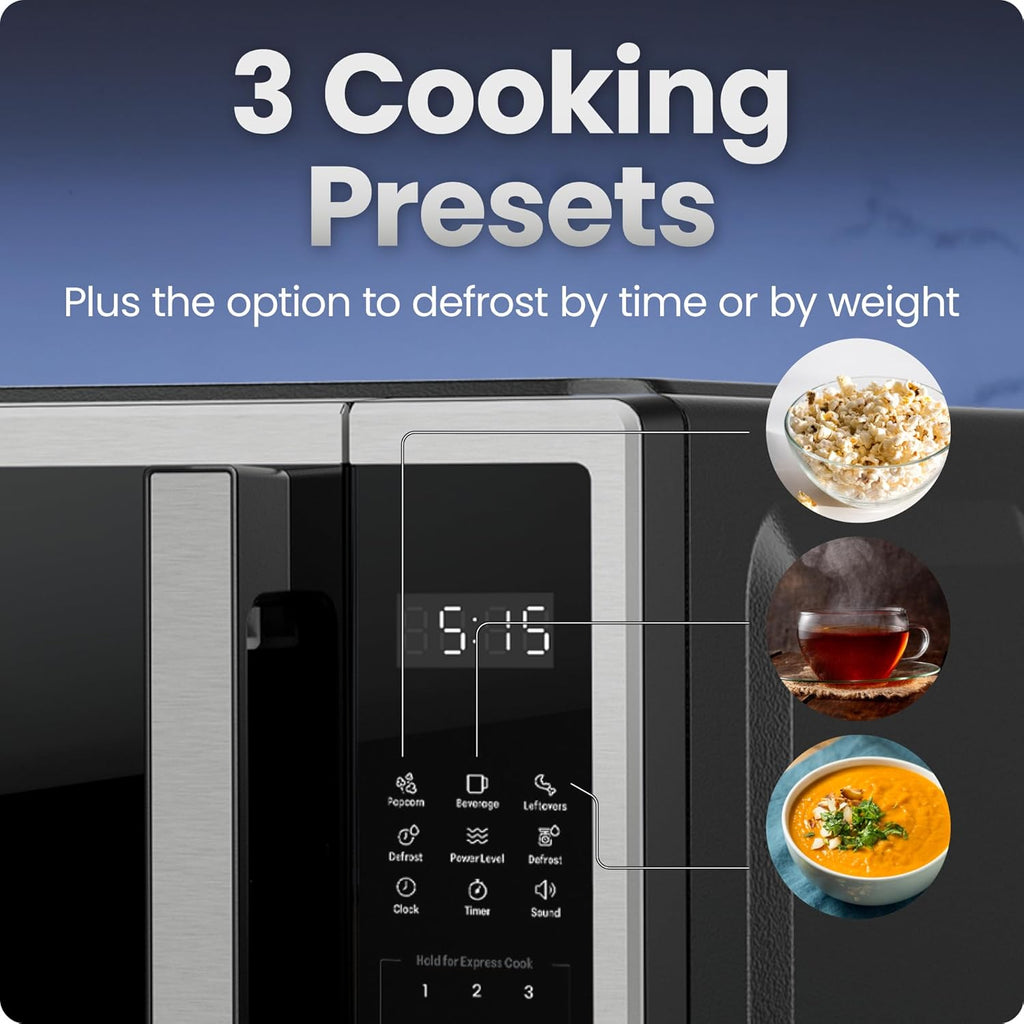 Compact Countertop Microwave, 0.7 Cu Ft, 700W, Stainless | 10 Power Levels, 3 One-Touch Presets, +30 Second Button