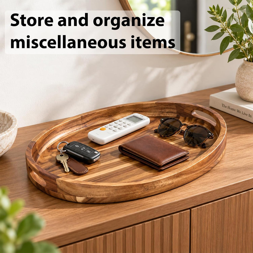 Acacia Wood Serving Tray with Handles - 17"x13" Round, Decorative Ottoman Tray for Living Room, Coffee Table