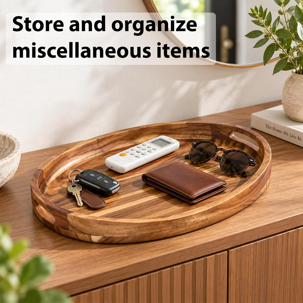 Acacia Wood Serving Tray with Handles - 17"x13" Round, Decorative Ottoman Tray for Living Room, Coffee Table