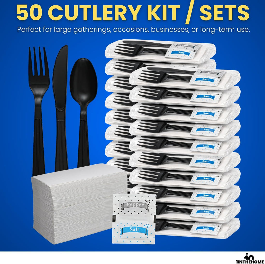 Cutlery Set Disposable Packet, Plastic Individually Wrapped Utensils Set – Knife, Fork, Teaspoon, Napkin, Salt &