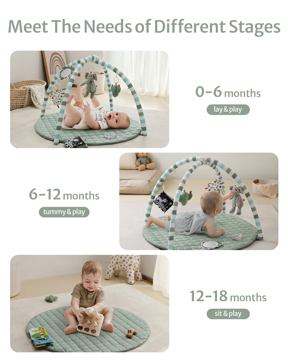 Baby Play Gym Mat, Play Mat Activity Mat with 6 Detachable Toys for Stage-Based Sensory & Motor Skill Development