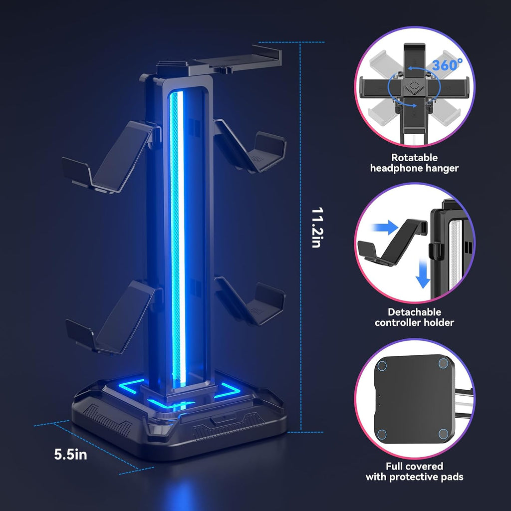 RGB Headset Stand with 9 Light Modes - Controller Holder for Desk - Rotatable Headphone Stand & Detachable Controller