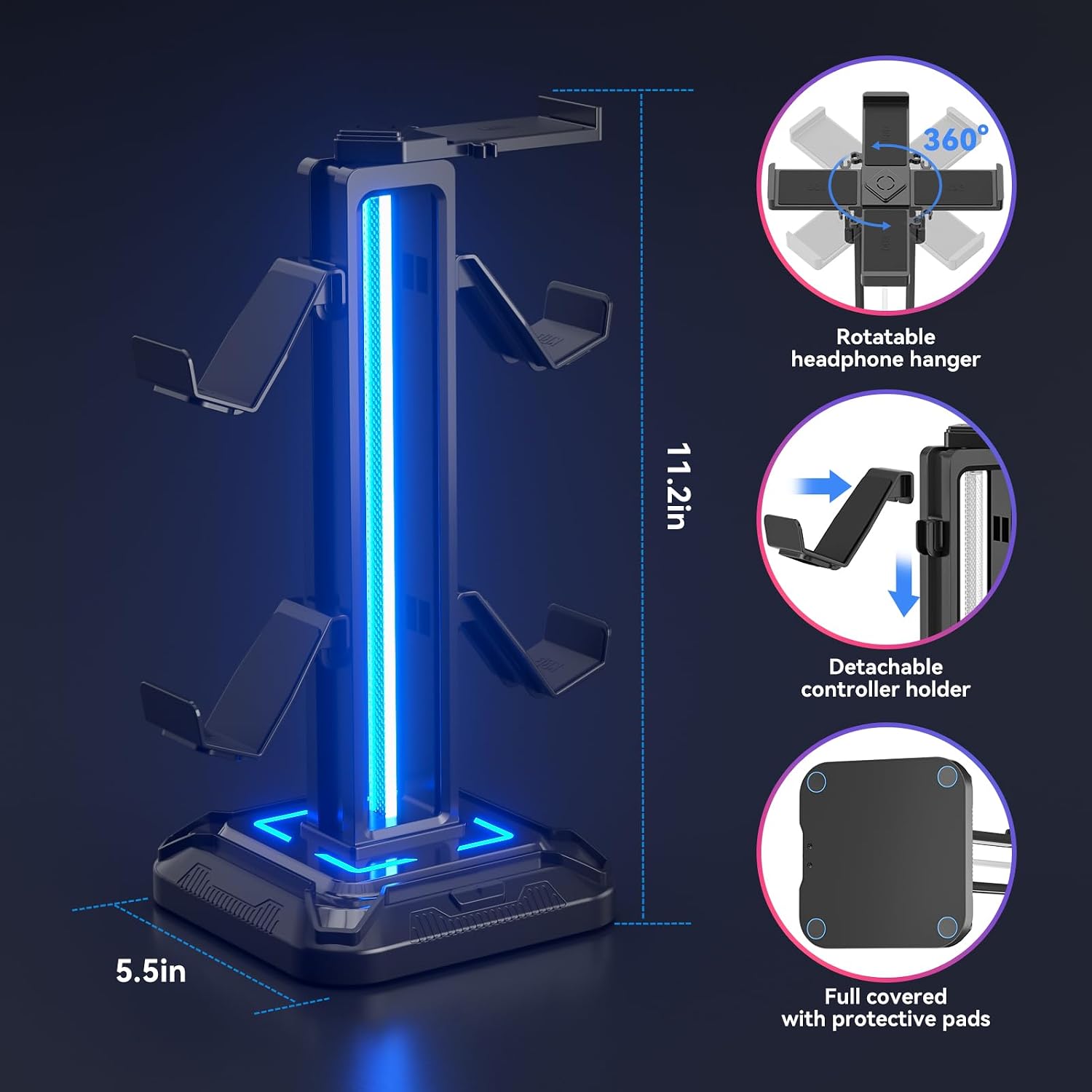 RGB Headset Stand with 9 Light Modes - Controller Holder for Desk - Rotatable Headphone Stand & Detachable Controller