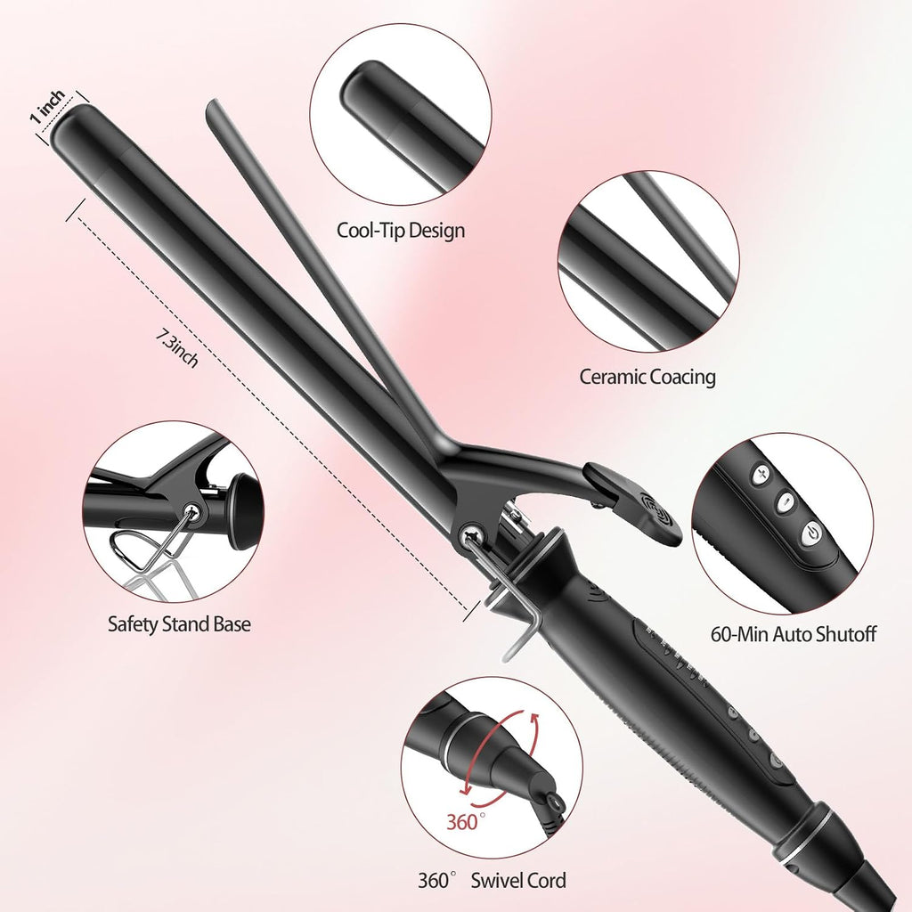 1 Inch (25mm) Extra Long Barrel Curling Iron for Long Hair, Ceramic Tourmaline Wand with Clamp, Fast Heating & Auto