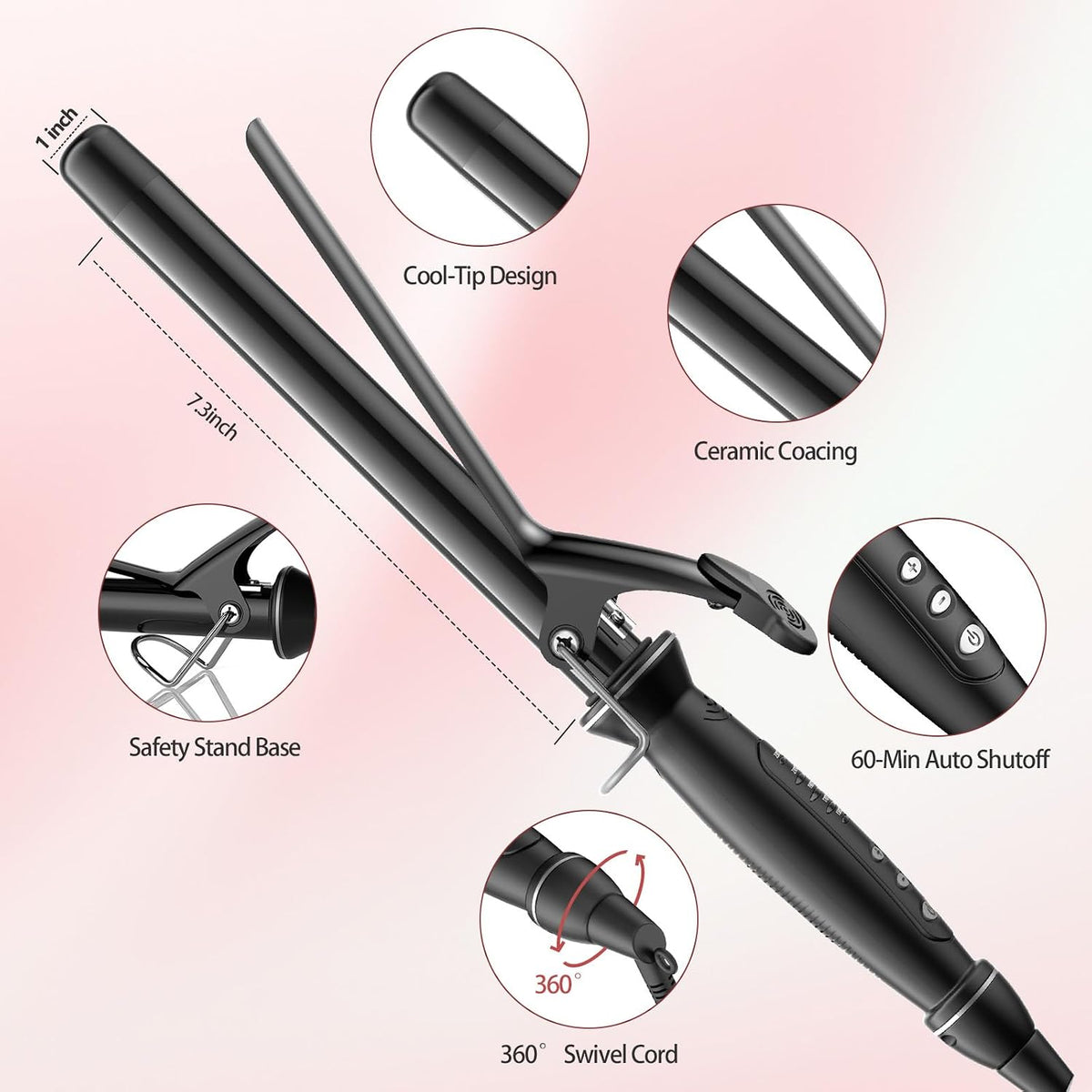 1 Inch (25mm) Extra Long Barrel Curling Iron for Long Hair, Ceramic Tourmaline Wand with Clamp, Fast Heating & Auto