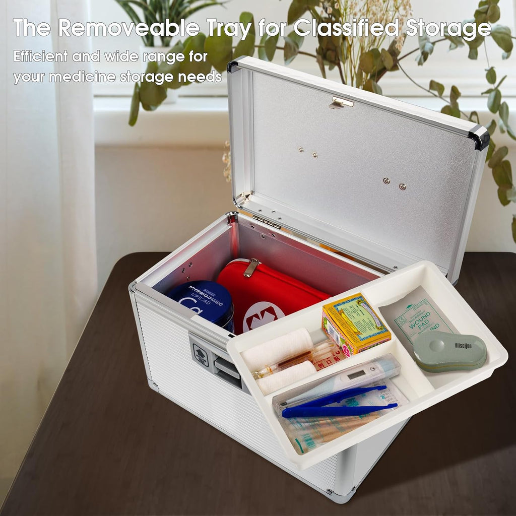 Medicine Lock Box with Key, Alluminum Alloy Box for Medication,First Aid Box with a Removeable Tray to Store