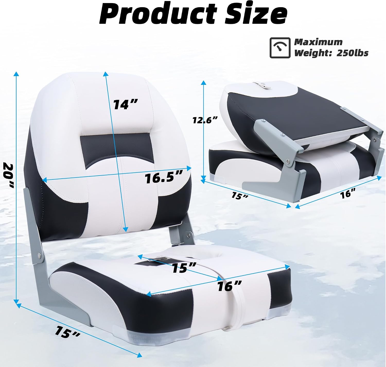 Boat Seats 2 Pack, Low Back Folding Fishing Boat Chair, White&Black | Marine Boat Captain Chairs With Thick Cushion
