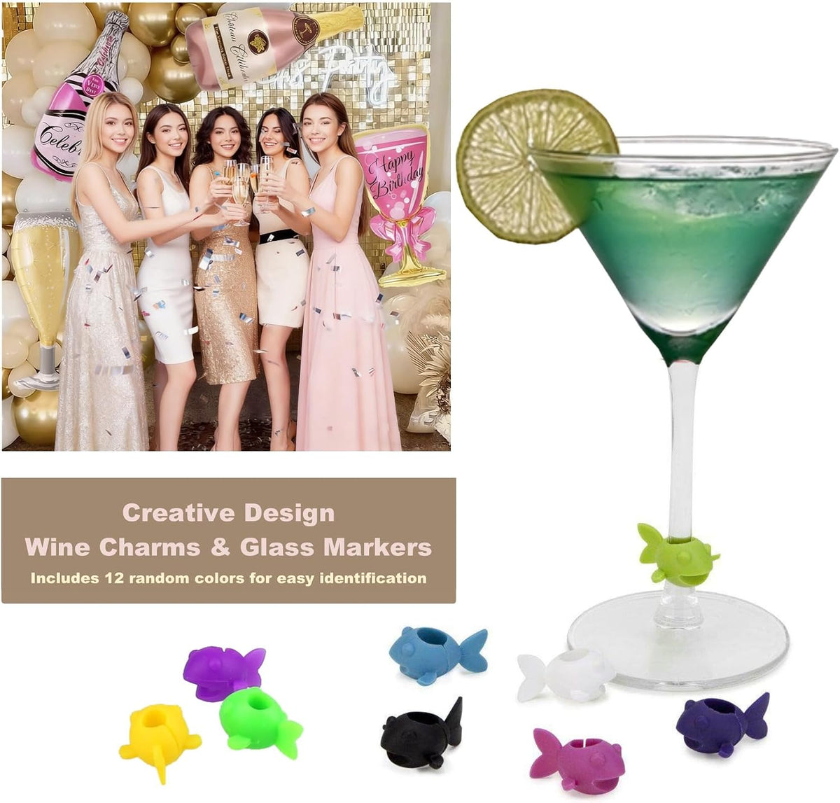 Wine Charms Glass Markers,Silicone Wine Glass Marking Label for Bar Party Cocktail Champagne Stem Glasses