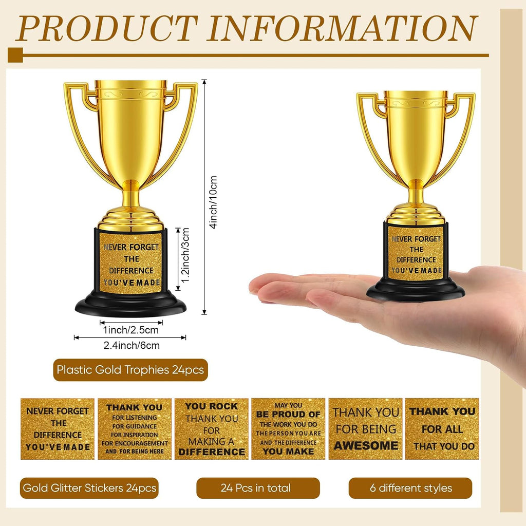24 Pcs Mini Trophies Awards Plastic Gold Trophy Cups Party Favors Adults Metal Trophy with Stickers for School