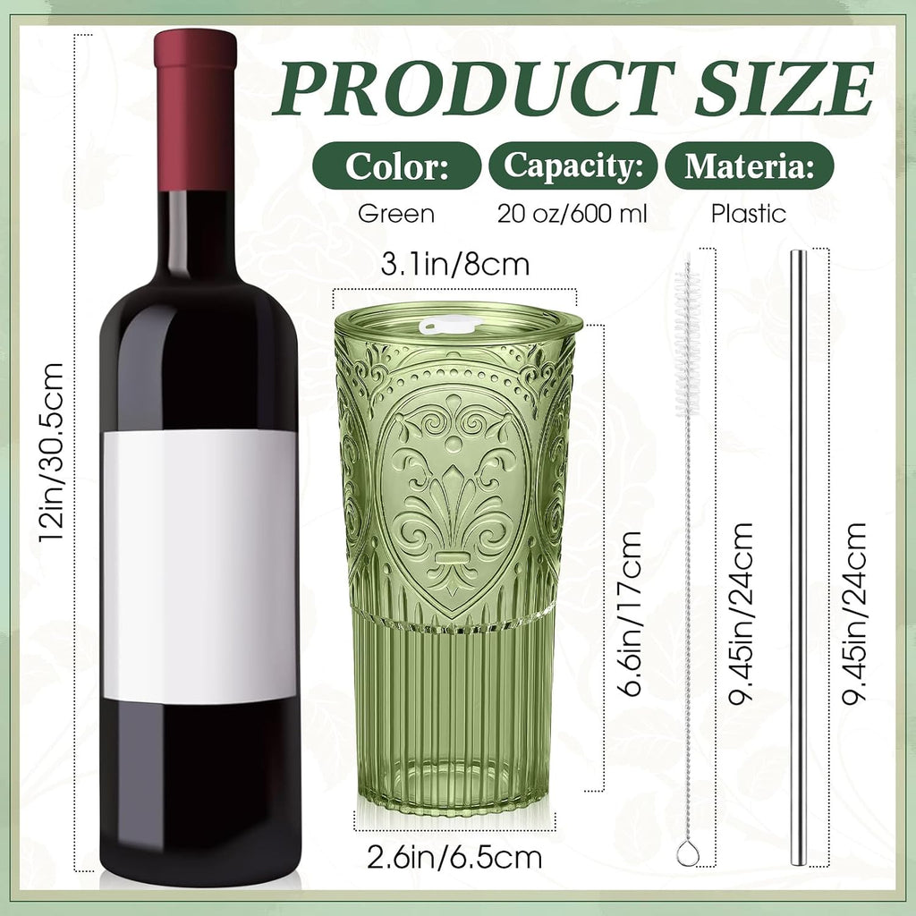 8 Set 20oz Vintage Plastic Tumbler with Lids and Straws Ribbed Floral Drinking Glasses Reusable Iced Coffee Cups for