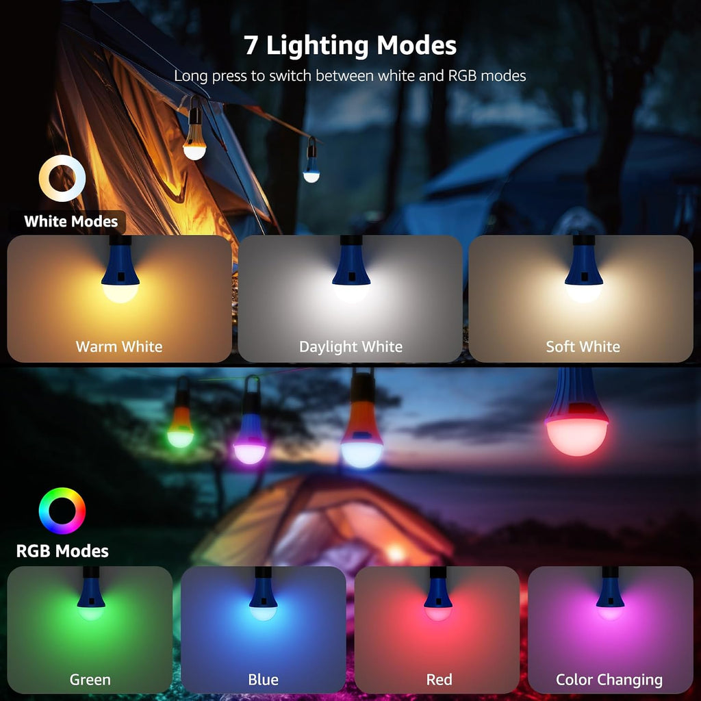LED Rechargeable Camping Lantern with 7 RGBW Light Modes, 2Packs | Portable Tent Lights, Camping Essentials, Hanging