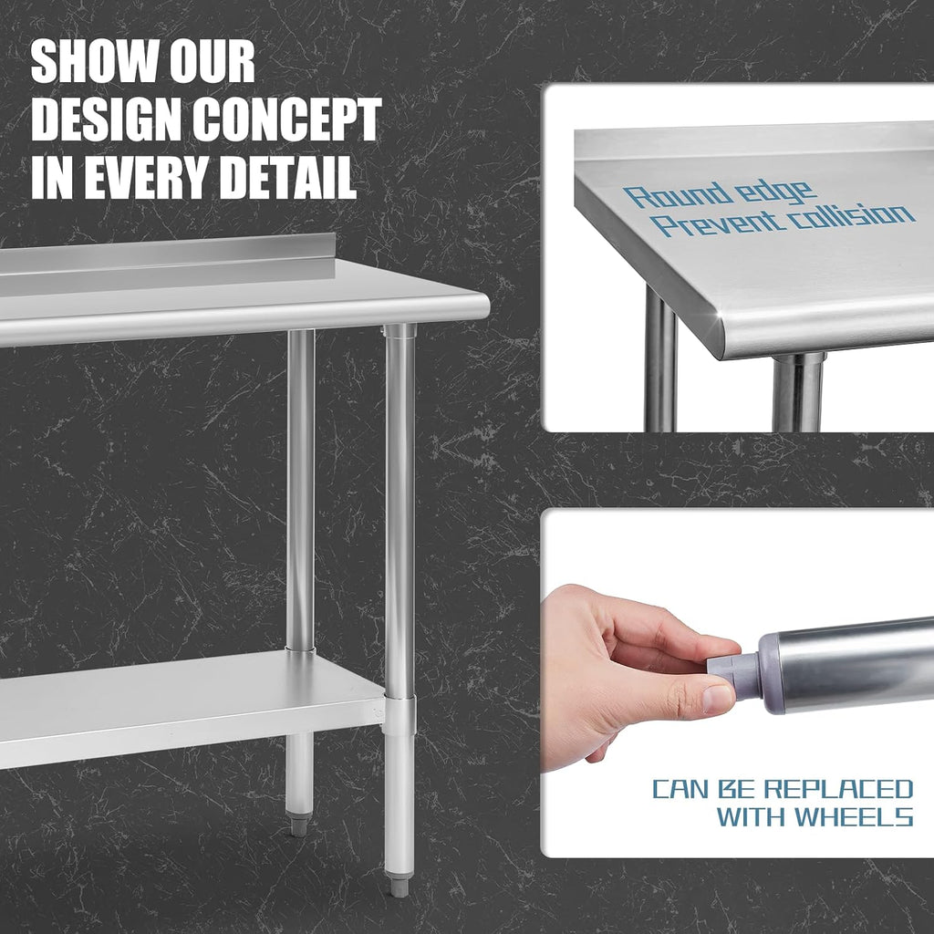 Hally Stainless Steel Table for Prep & Work 18" x 48" with Backsplash NSF