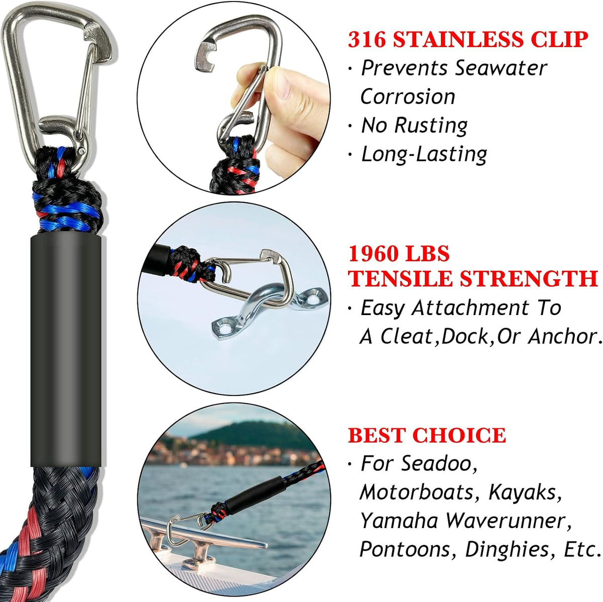 Fender Lines Anchor Bungee 316 Stainless Clip Boat Dock Lines 2PCS (Black Blue Red, 2 Feet)