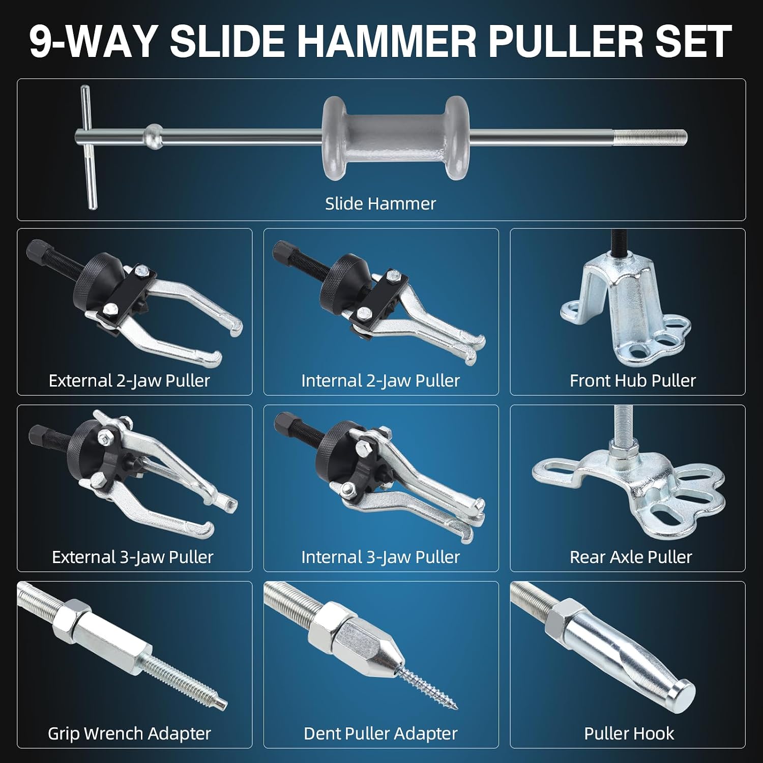 9 Way Slide Hammer Puller Axle Front Rear Wheel Bearing Dent Hub Gear Puller Remover Set