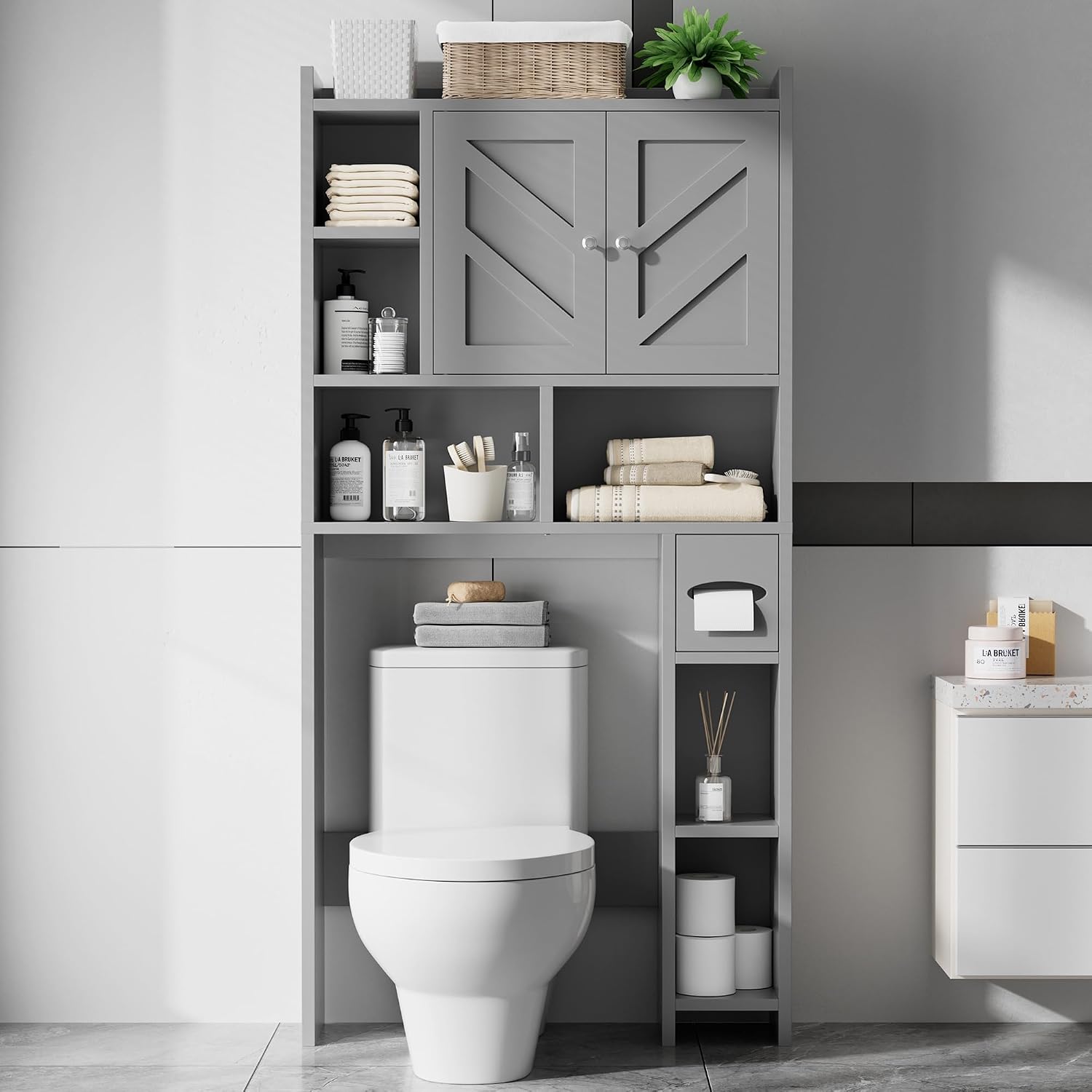 Over the Toilet Storage Cabinet, Freestanding Farmhouse Storage Cabinet Over Toilet, Bathroom Organizer with Paper