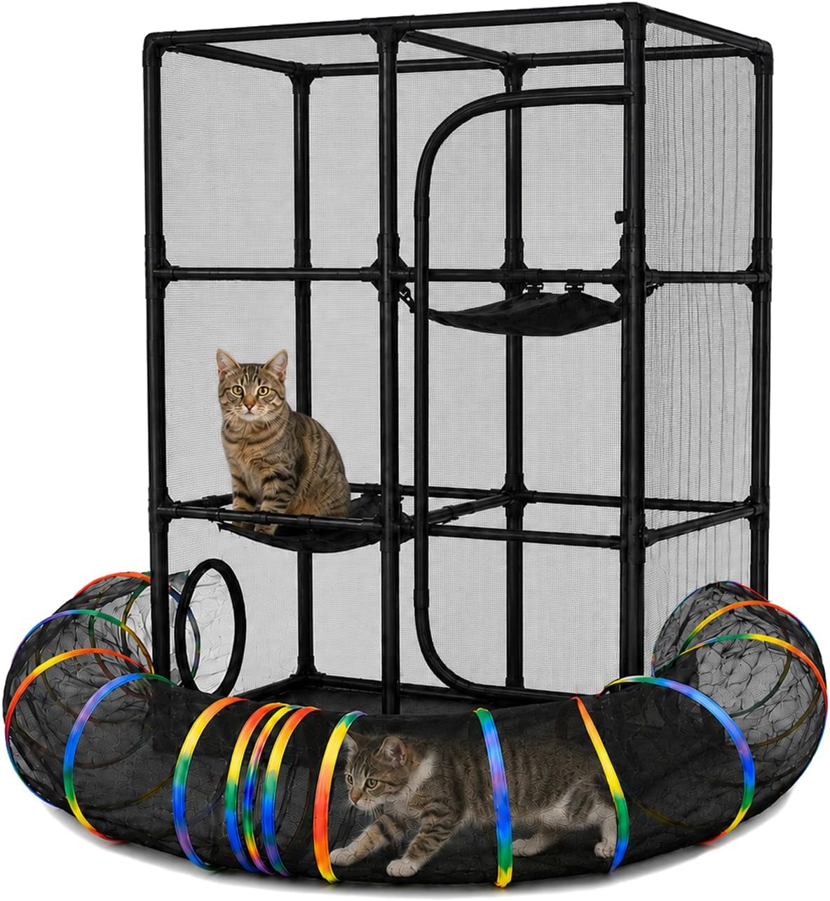 Catio Rainbow Outdoor Cat Enclosure with 113" Curved Tunnel, 35" x 18.5" x 51.5" Indoor Outdoor Cat Playpen