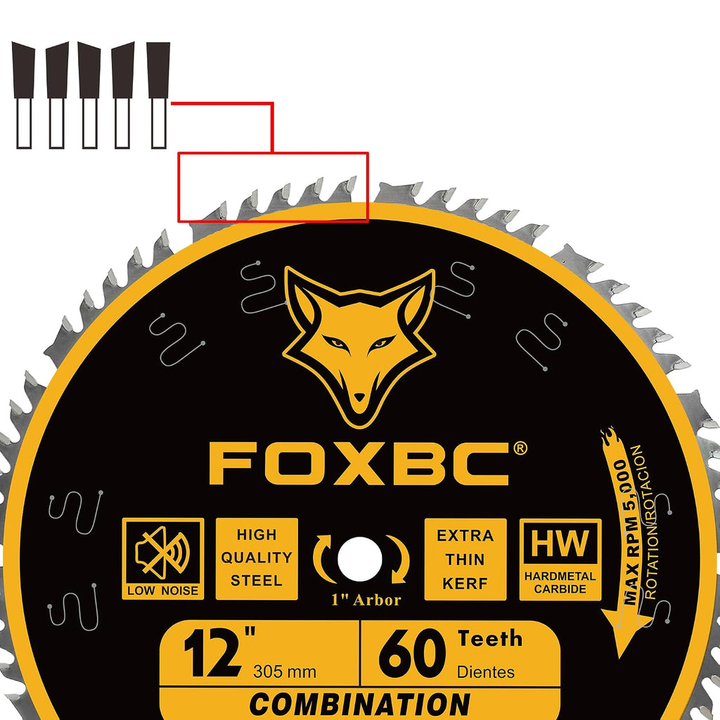 12 Inch Combination Miter Saw Blade, 60-Tooth, Wood Cutting with 1 Inch Arbor