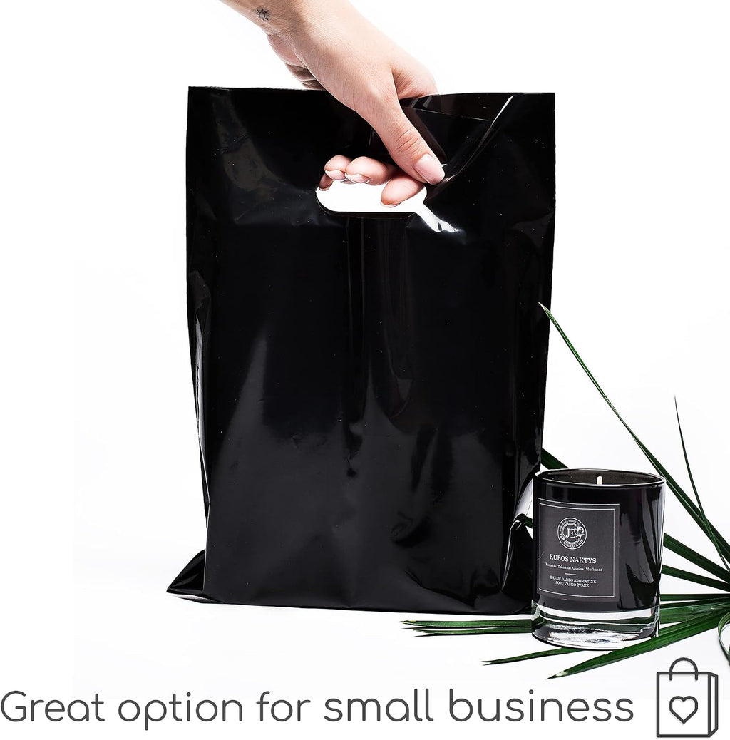 100 Black Plastic Bags With Handles 9x12 Merchandise Bags