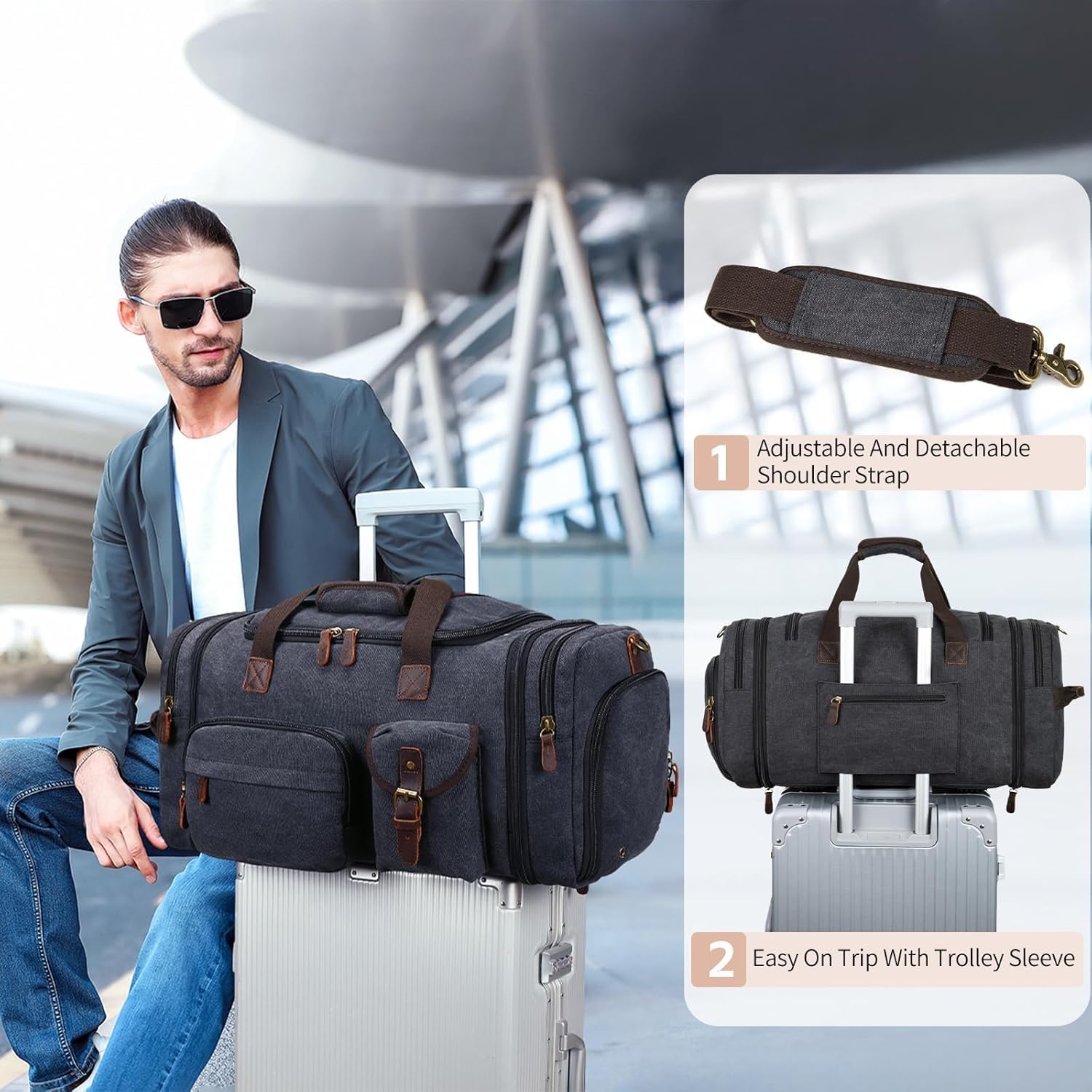 Mens Duffle Bag for Travel 60L Expandable Canvas Weekender Overnight Travel Duffel Bag with Shoe Compartment Carry-On