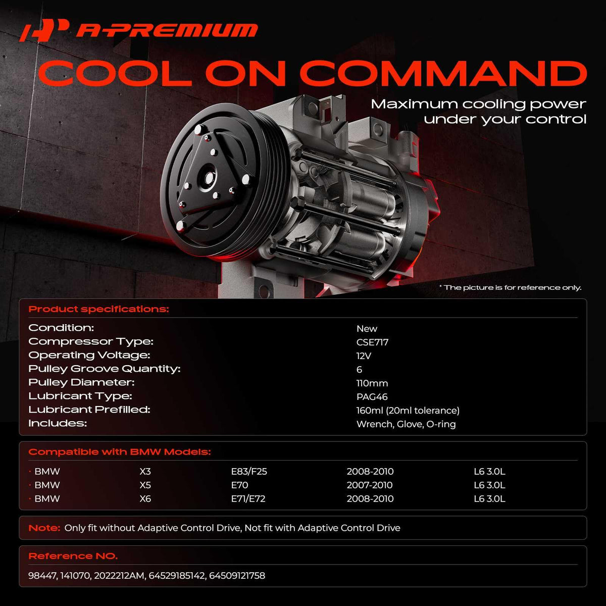 A-Premium AC Compressor with Clutch Compatible with BMW X5 X3 X6