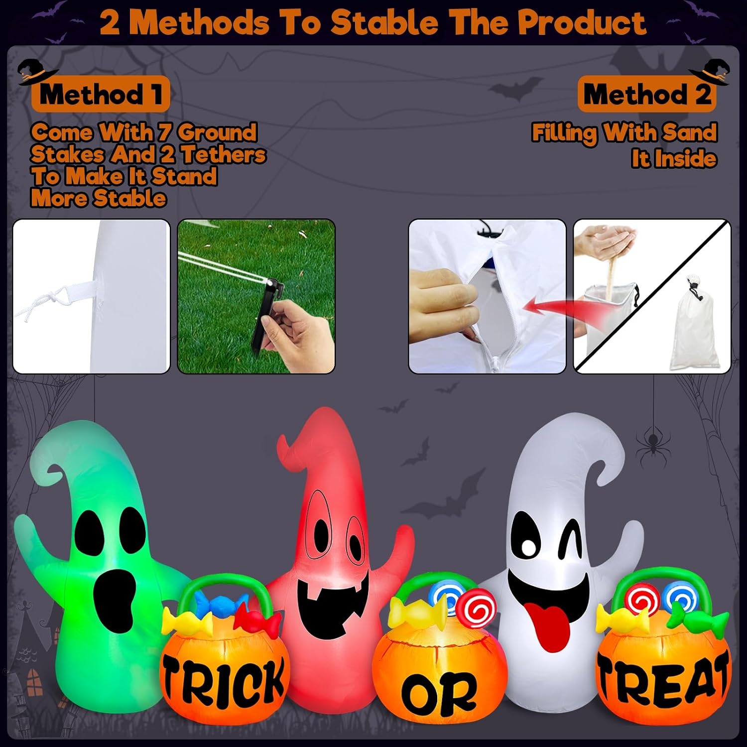8 Ft Long Halloween Inflatables Three Ghosts with Pumpkin Candy Bags with 3 Colors Light Halloween Decorations