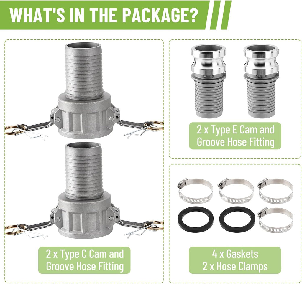 2 Pcs 2" Aluminum Camlock Fittings Type C + 2 Pcs 2" Type E Hose Fitting