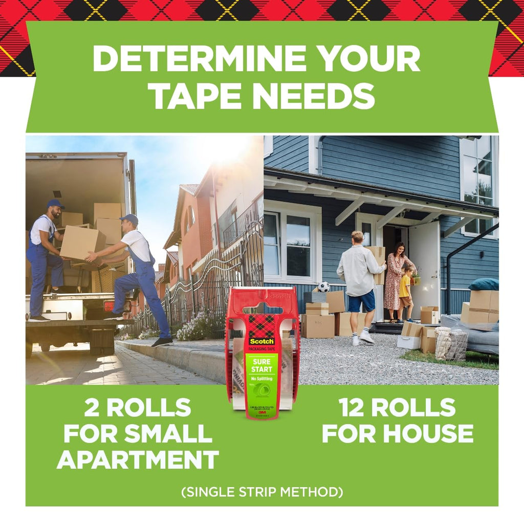 Sure Start Packing Tape, Clear, 1.88 in. x 22.2 yd. | 6 Tape Rolls with Dispensers, Quiet Unwind and Easy Start