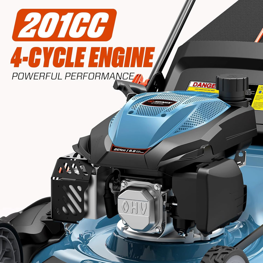 22Inch 201cc 3-in-1 Gas Lawn Mower, Rear Wheel Self-Propelled Mower | 4-Cycle Engine, Steel Deck, Mulching, Bagging