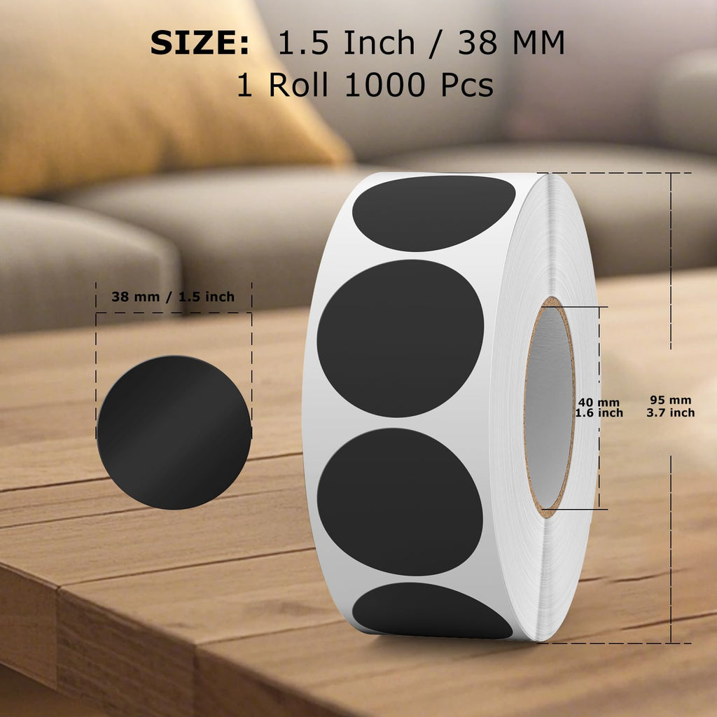 Black Round Stickers Roll 1.5 Inch Vinyl Dot Labels 1000 PCS