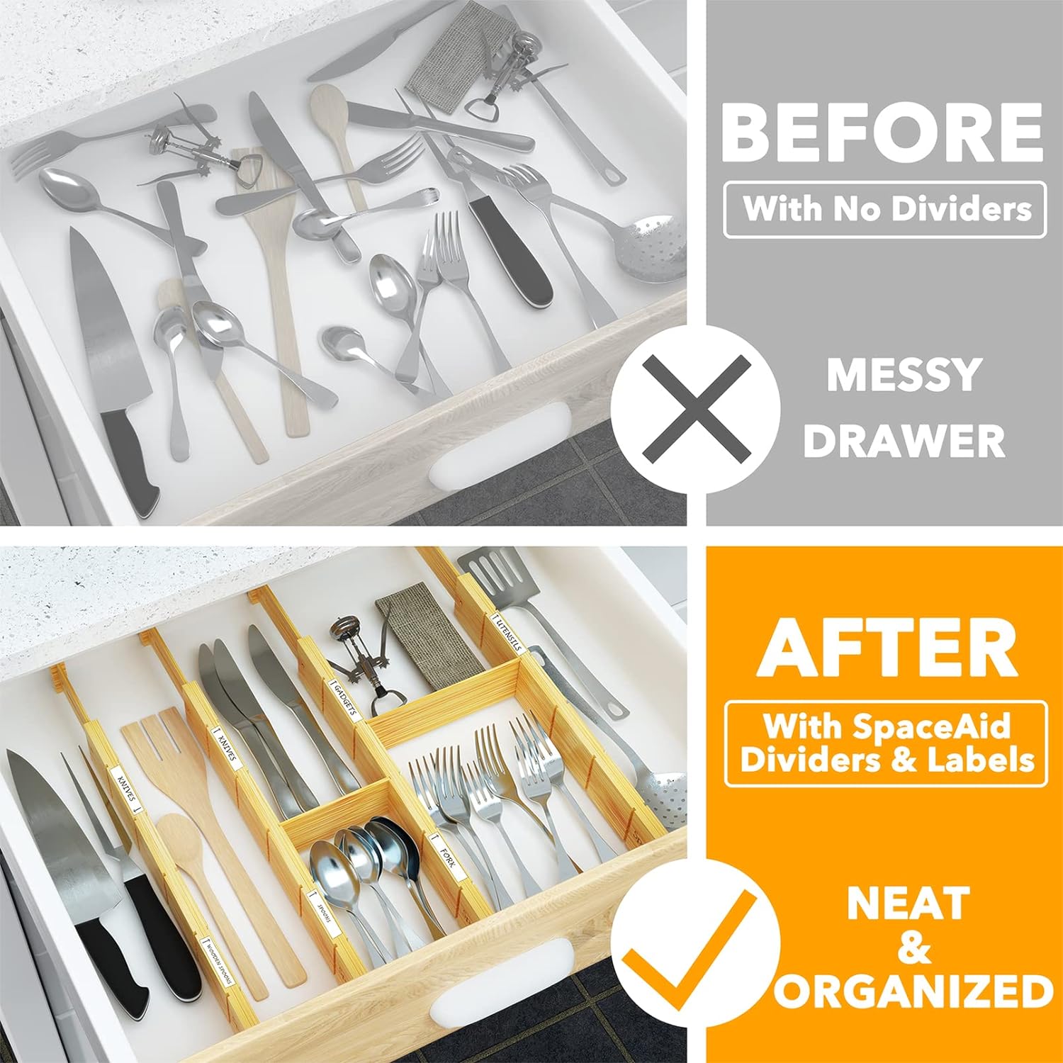 Bamboo Drawer Dividers with Inserts and Labels, Kitchen Adjustable Drawer Organizers, Expandable Organization for