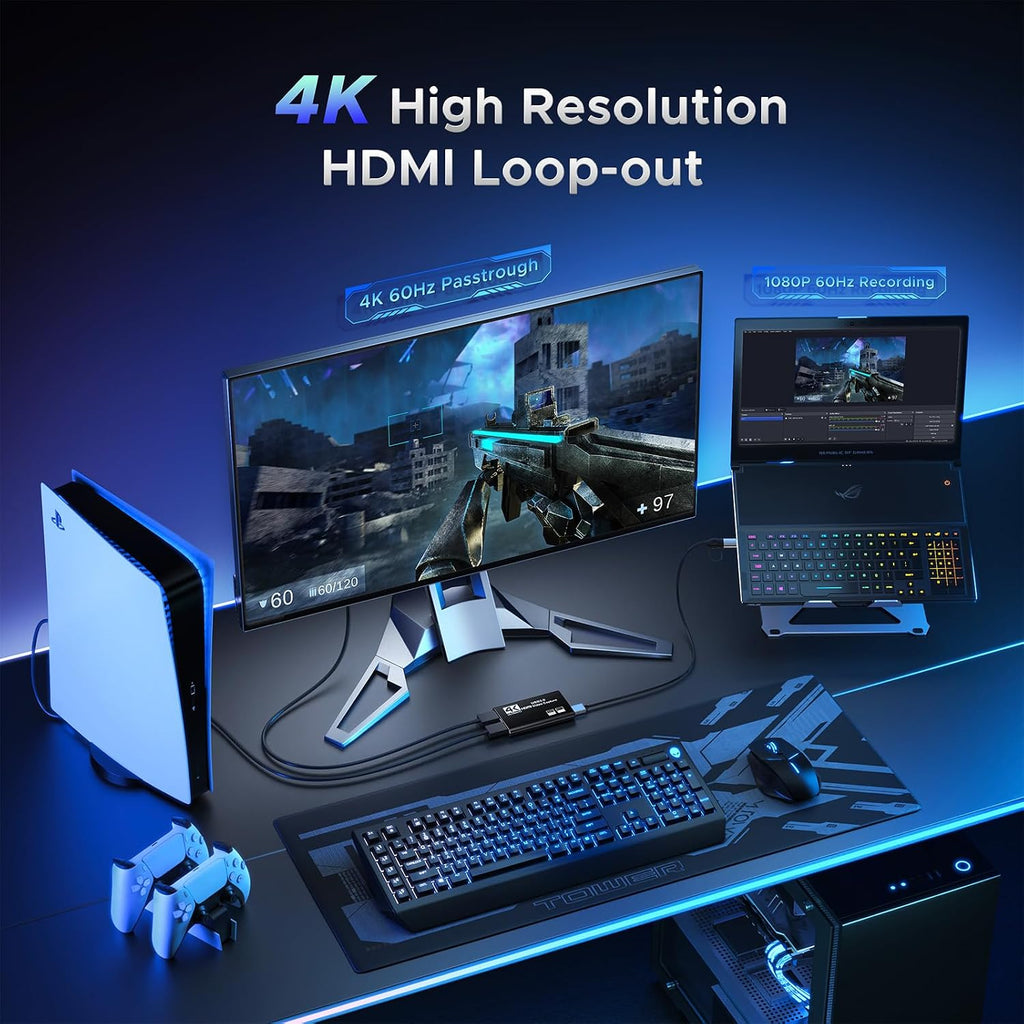 Video Capture Card, Audio Video Capture Card, USB 3.0 Capture Card 4K HDMI Loop-Out, 1080P 60FPS/2K 30FPS Video Game
