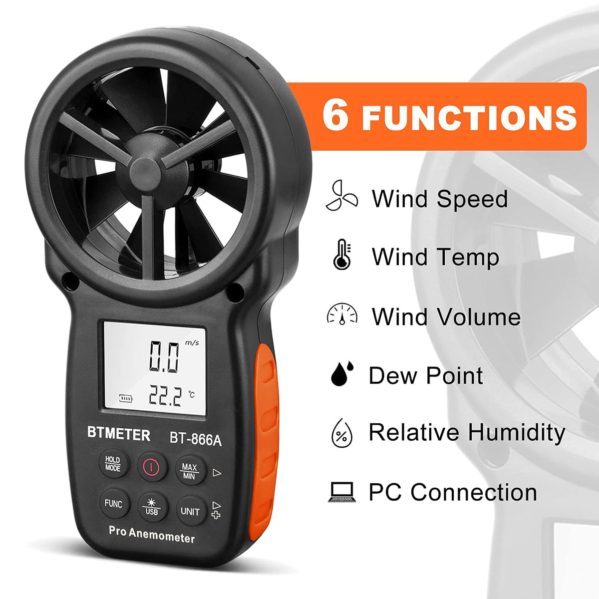 BTMETER 866A Pro Handheld HVAC Anemometer CFM Air Flow Meter(Wet Bulb Temp)