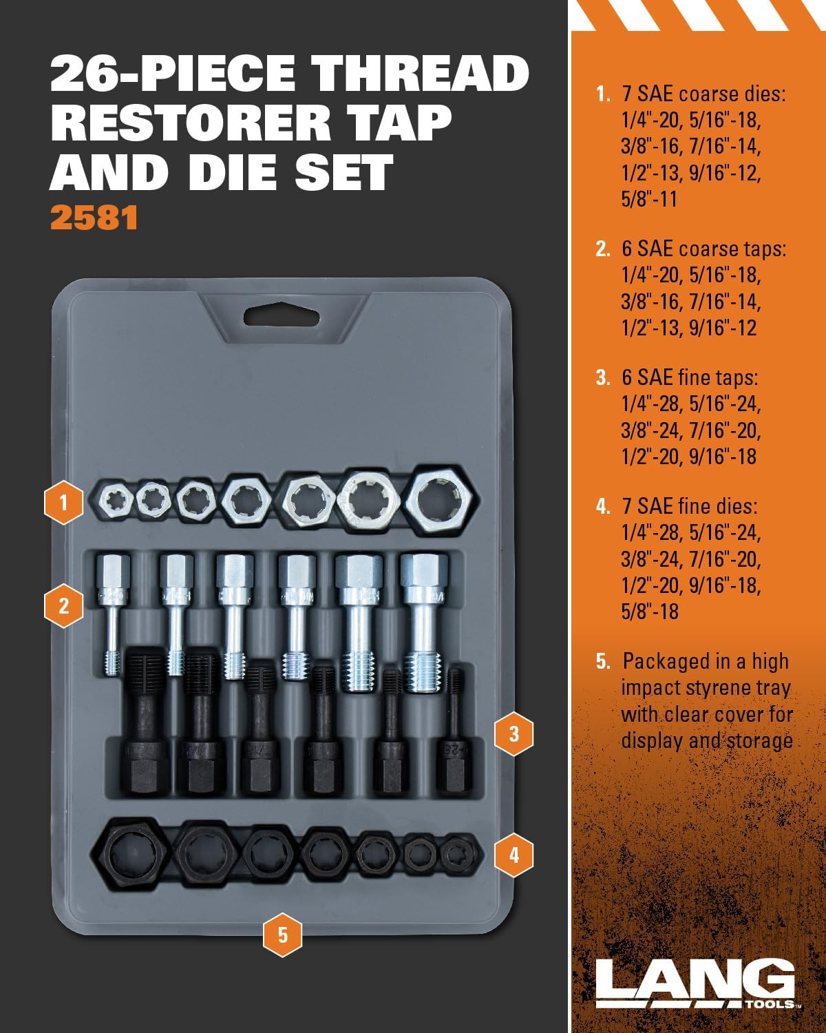 Lang Tools 2581 26-Piece Thread Restorer Tap and Die Set, black