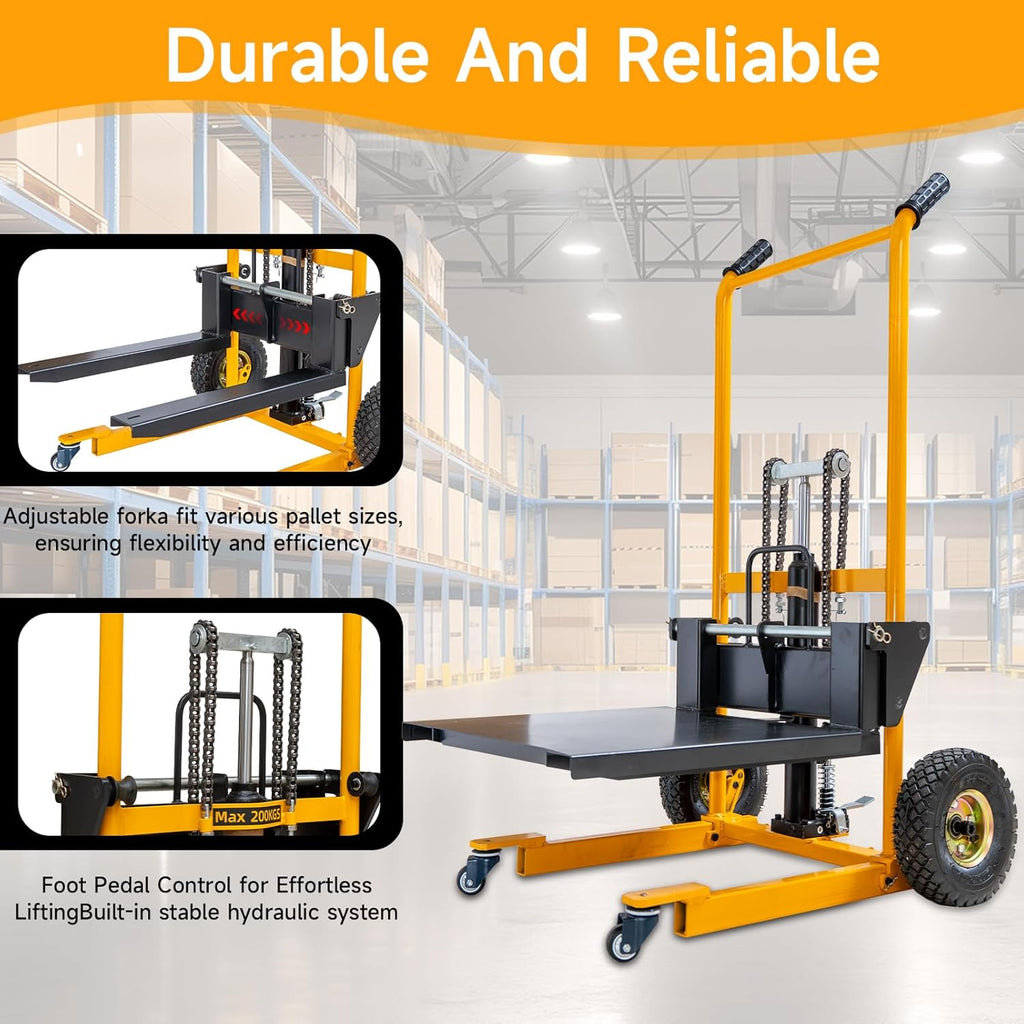 Foldable Hydraulic Material Lift Winch Stacker, 450 Lbs 35.8" Max Lift w/ 9" Wheels 360° Swivel Casters, Pallet Truck