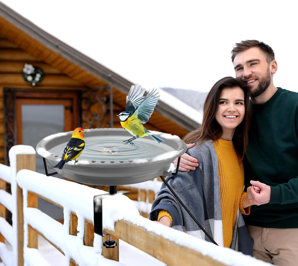 100W Heated Bird Baths for Outdoors, Heated Birdbath for Deck Railing, Grey
