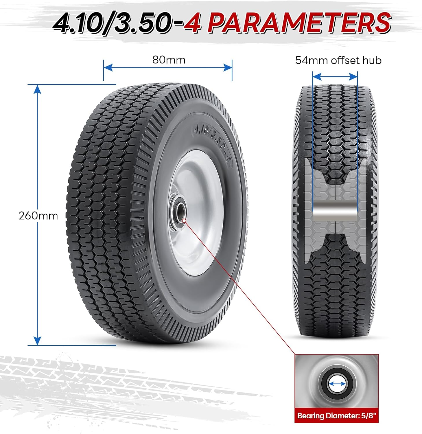 10” Flat Free Tires, 4.10/3.50-4” Solid Tires and Wheels with 5/8” Axle Bore Hole and Double Sealed Bearings