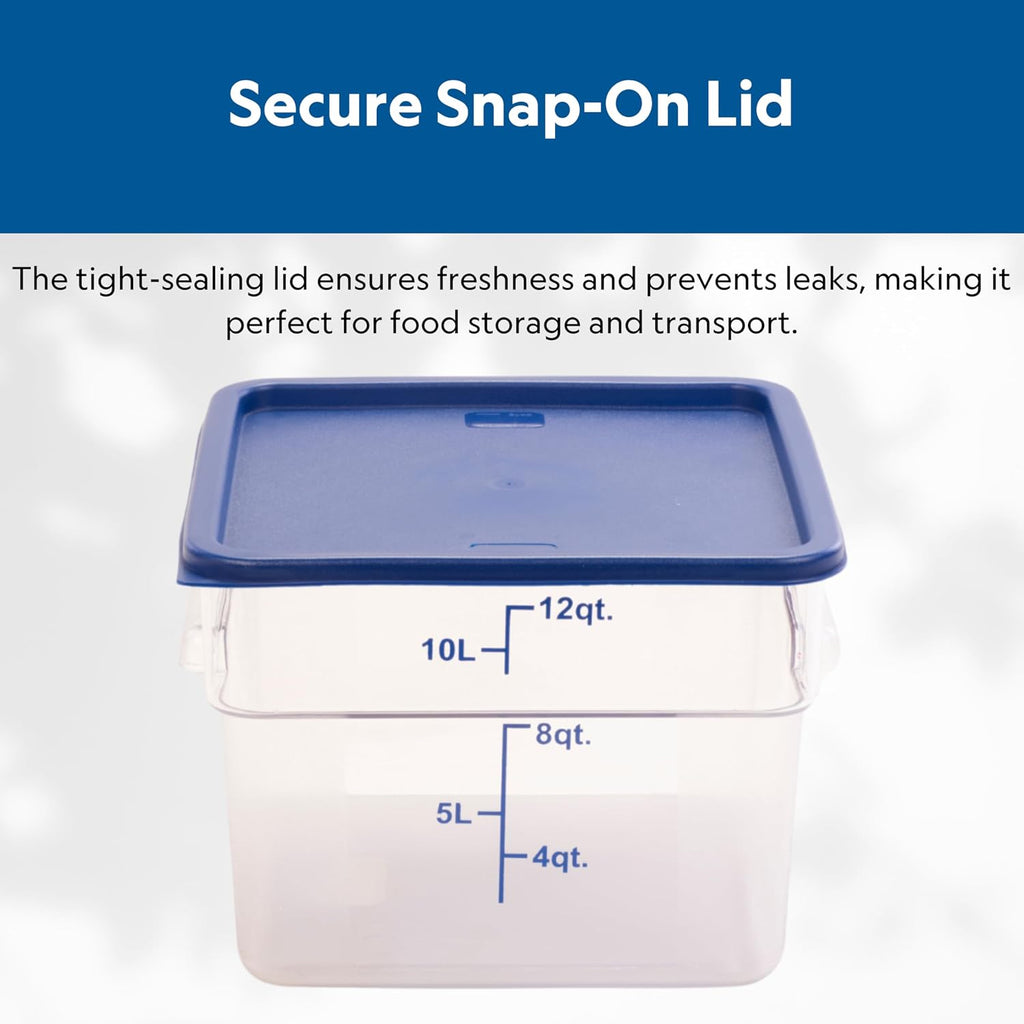 Square Food Storage Container with Blue Lid, 12 Quart, Polycarbonate, Reusable, Clear, NSF
