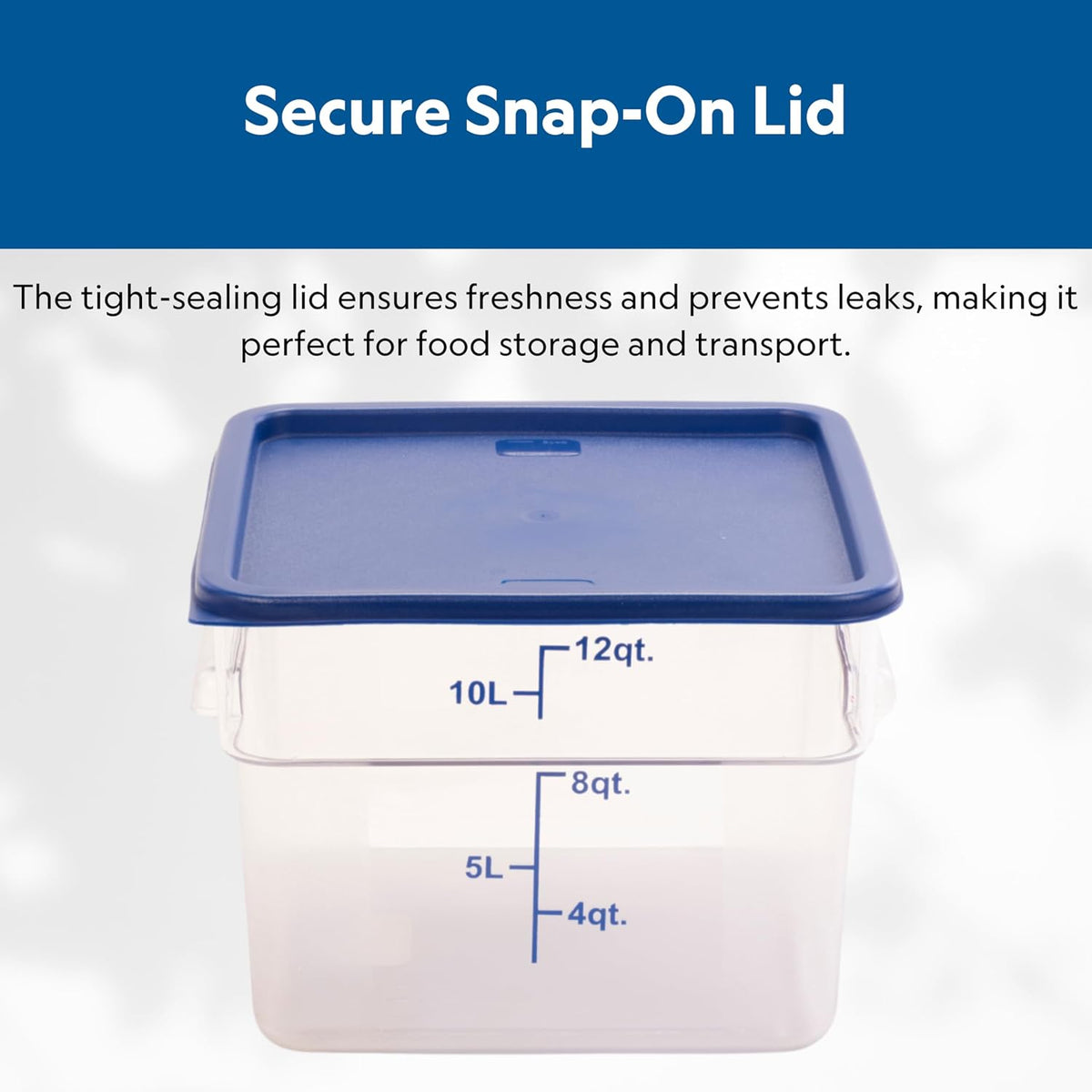 Square Food Storage Container with Blue Lid, 12 Quart, Polycarbonate, Reusable, Clear, NSF