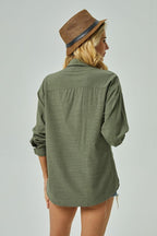 Womens Cotton Button Down Shirt Long Sleeve Casual Blouse with Pocket