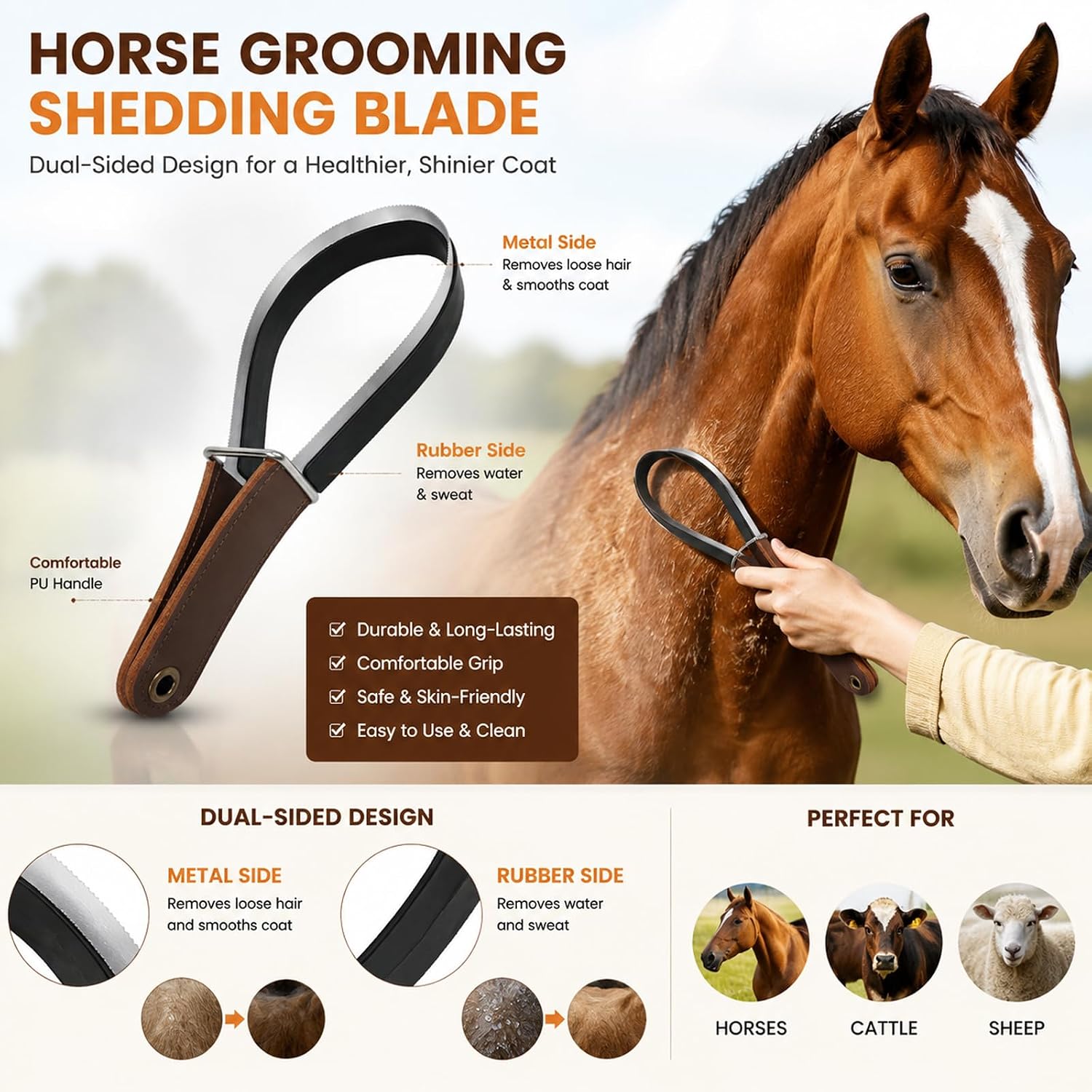 Horse Shedding Blade & Sweat Scraper 2-in-1 Grooming Cattle Sheep