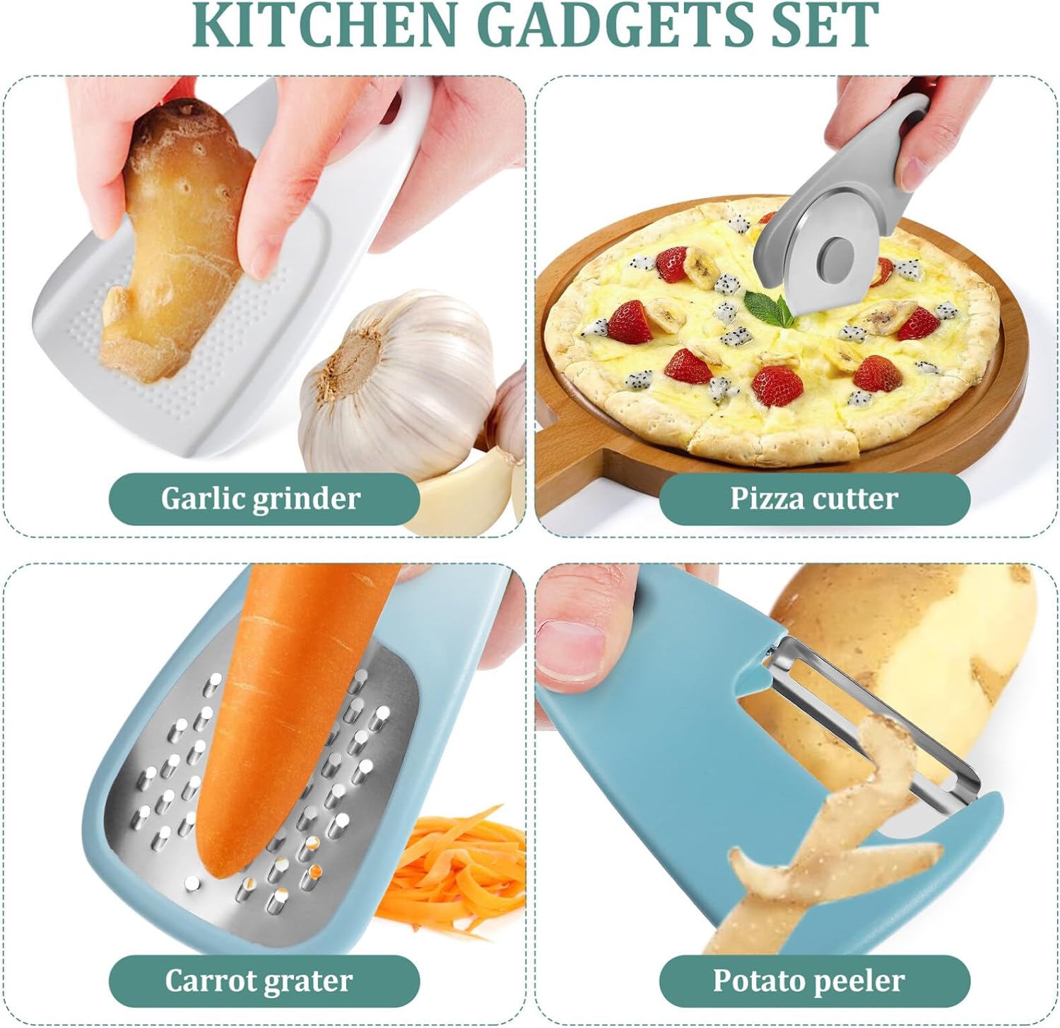 5 Piece Kitchen Gadgets Set Including Potato Peeler Cheese Grater Pizza Wheel Bottle Opener and Fruit Peeler Compact