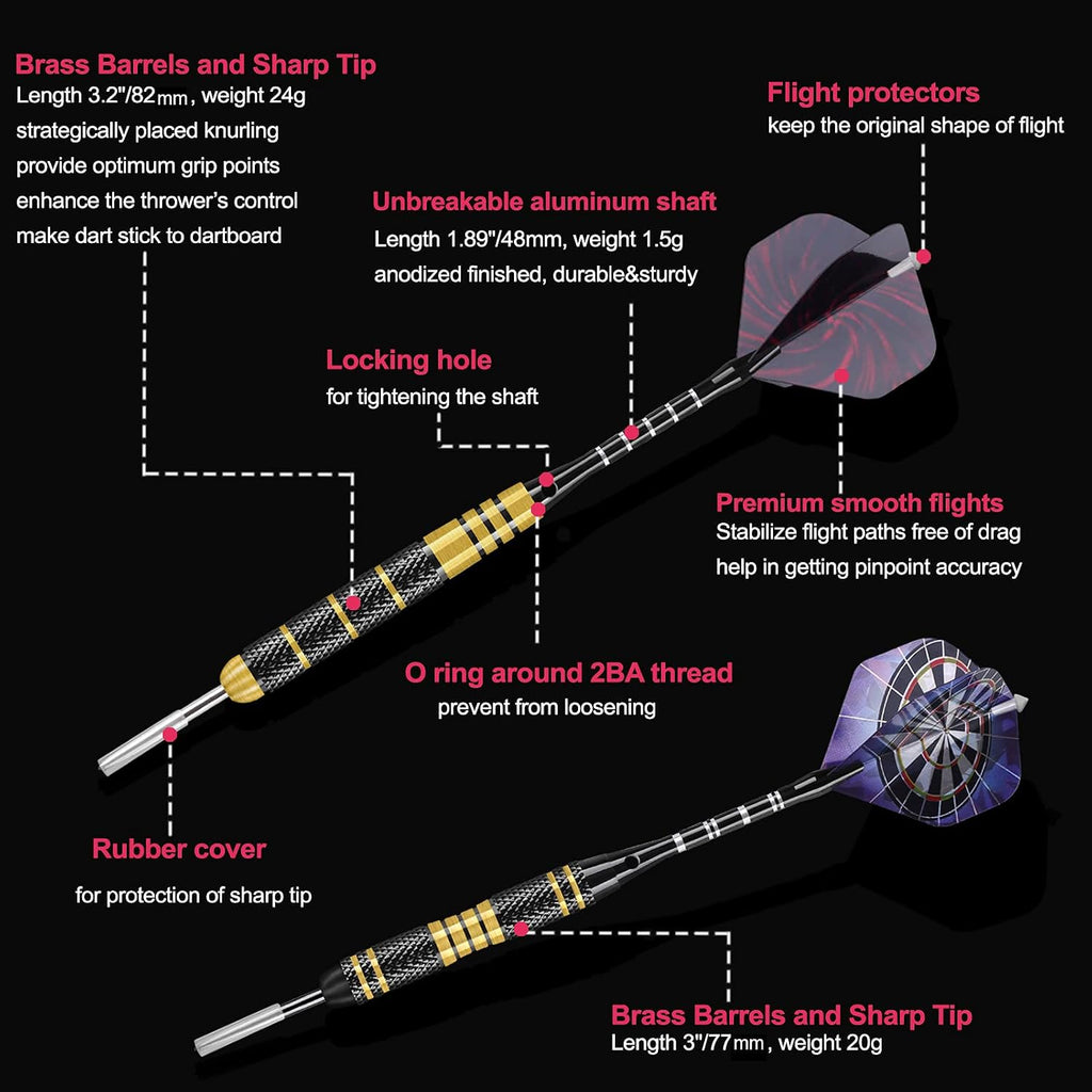 Darts Metal Tip Set, 20g/24g Brass Barrels Steel Tip Darts with Case | Flexible Setups, Aluminum Shafts