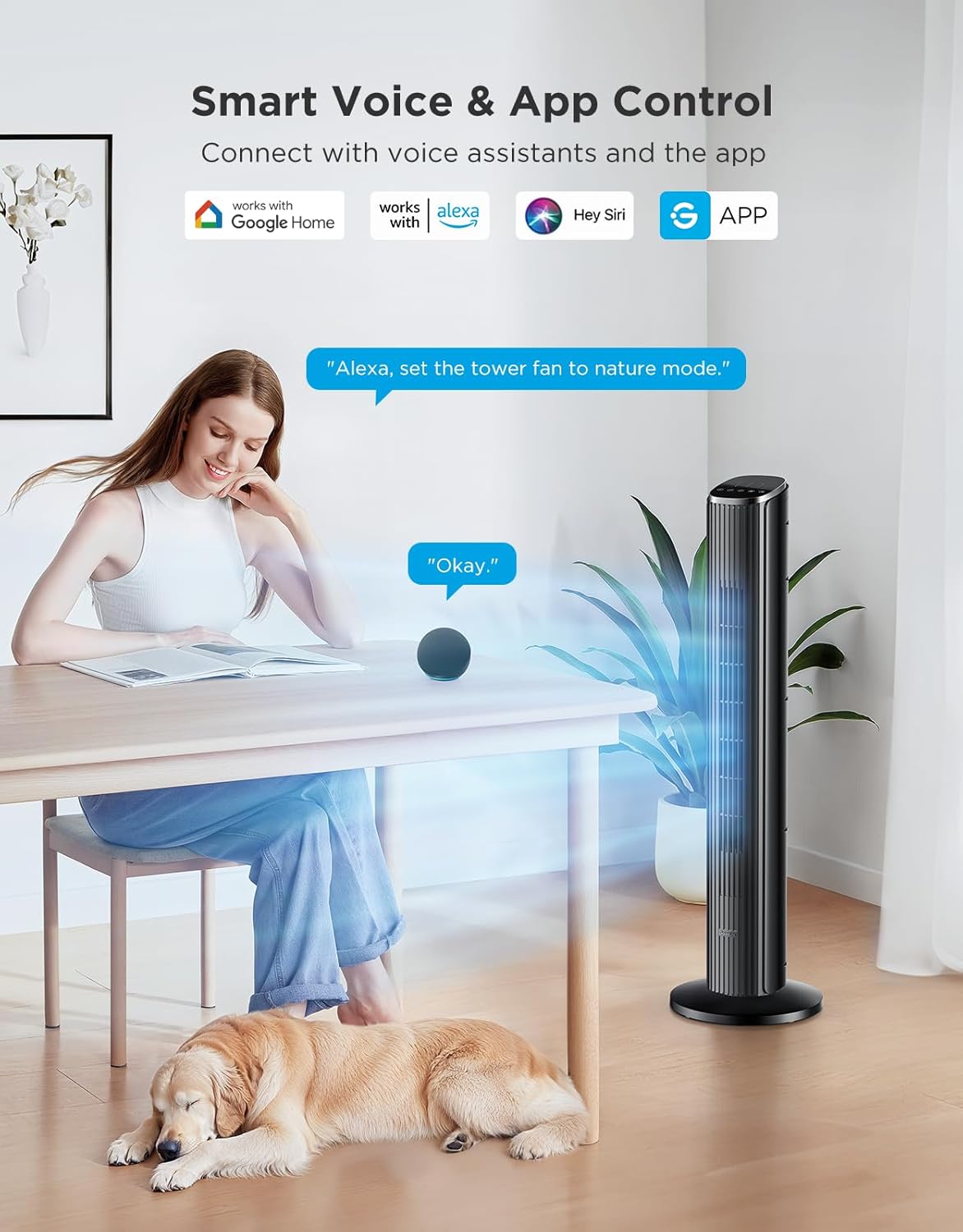 36 in. Black Tower Fan for Bedroom, 5 Modes 8 Speeds up to 25ft/s | Smart Floor Fan with App/Voice Control, Temp