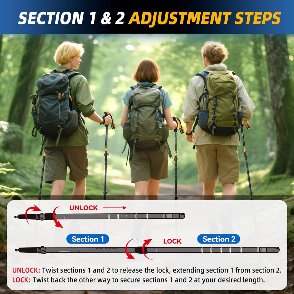 2 Pack Trekking Poles for Hiking, Lightweight Walking Sticks | Aluminum, Adjustable, Telescopic, Lightweight