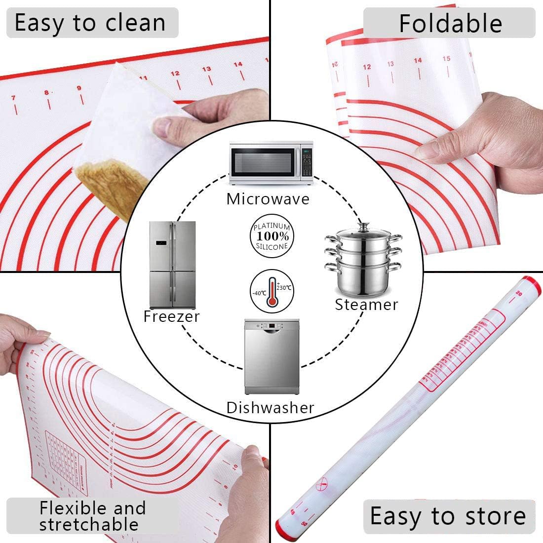 Rolling Pin and Silicone Pastry Mat Set with Adjustable Thickness Rings