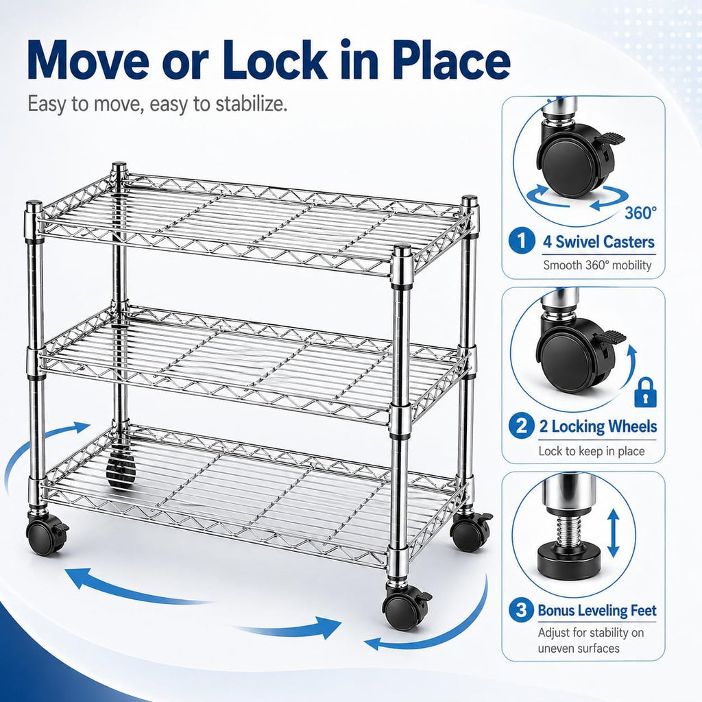 3-Tier Storage Shelves, 750 Lbs Loading Capacity, 24.02" W x 13.78" D x 21.97" H Shelving Unit for Garage, Pantry and