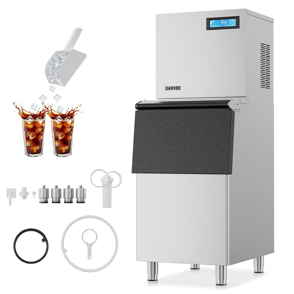 Commercial 400lbs/24H Cube Ice Maker Machine with 250Lbs Storage Bin, Stainless SteelIce Machine with Scheduled