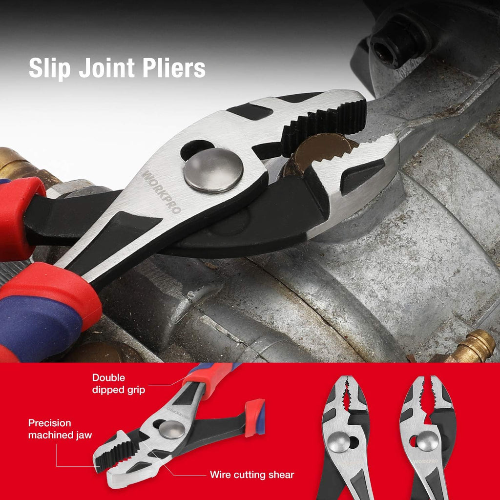 Pliers Set, Premium Cr-V Construction, Includes 6 Inch Slip Joint, Long Nose, Diagonal Cutting, 8 Inch Groove Joint