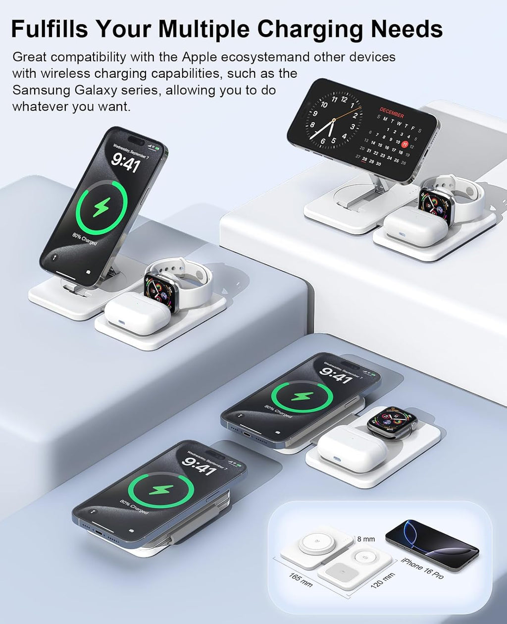 3 in 1 Magnetic Wireless Charger for Apple Multiple Devices, Foldable Fast Charging Station - Magsafe Charger Stand